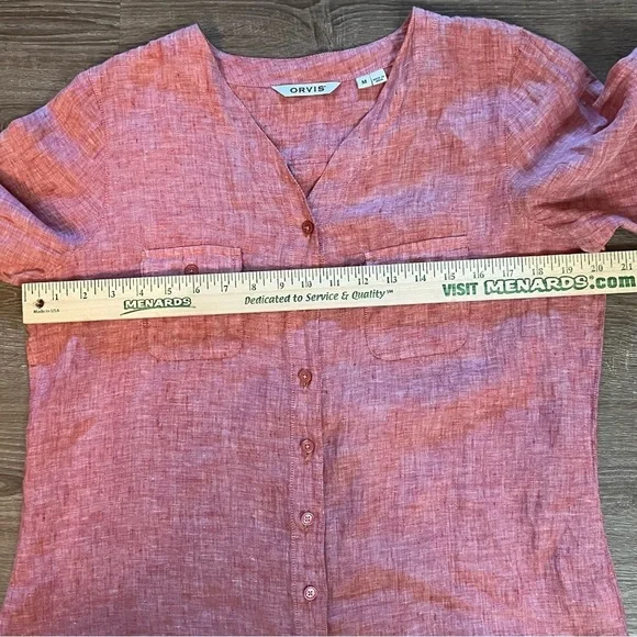 Orvis 100% Linen Shirt Women's M Red Pink 3/4 Sleeve Button Up Casual Blouse Top - Picture 3 of 10